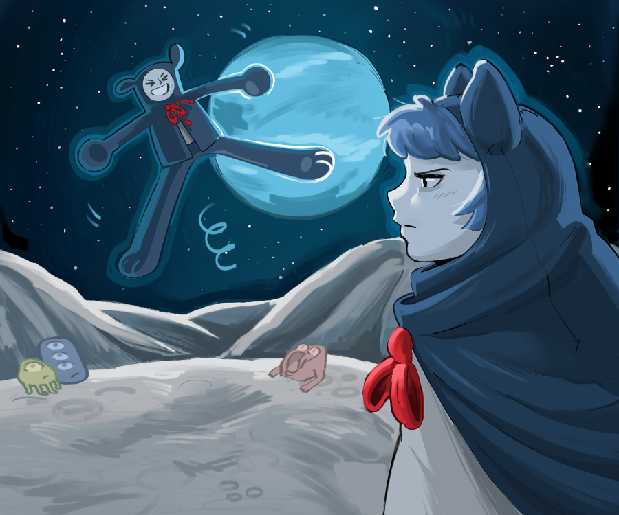 Room 19 - On the moon, every step feels like an eternity, a lesson in patience the stray neither has the time nor energy for. Her irritation is only worsened by Bone’s inability to stand still.
“He jumps around like a monkey and giggles like a hyena,” she mutters to herself, “the labyrinth isn’t a place for games.”
She clenches her teeth and continues on, hoping the exit is nearby.