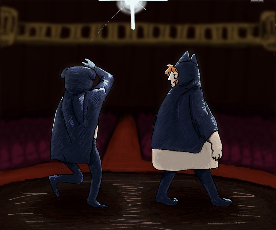 room 21
they walk a stage of an empty opera house. a light follows them as they make their way across. "you know, i used to play violin.. it was my dream to play on a stage like this." bone says.
"really?" the stray was actually quite intrigued. "you don't seem like a violin person."
bone answers "yep, i'm a pacifist." and laughs way too hard at his own joke.
"..."