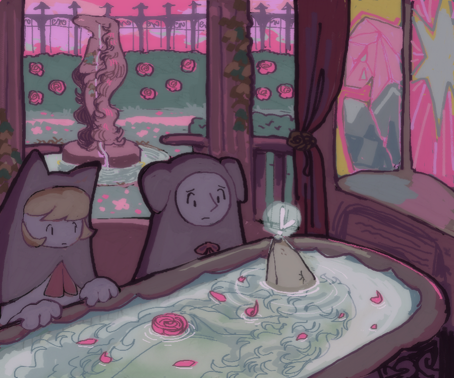 In the next room Bone and Stray enter a pink and well maintained garden, and in the middle of the garden is a marble pavilion that has a coffin-like tub of water inside with said canine lady lying asleep inside in an ethereal and peaceful sleep.
Bone looks at the woman with a sad look in his eyes
"I knew her, I came to this labyrinth with her but everyone except me was afflicted with the labyrinth's curse... and I ran away..."