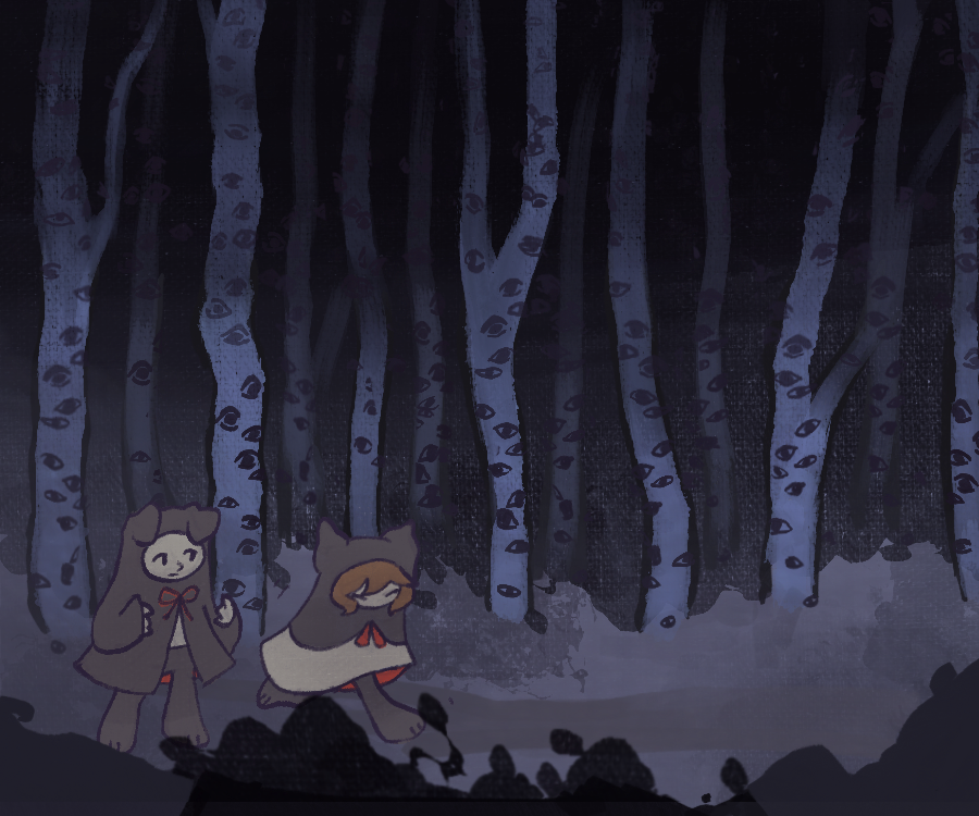 After entering the wormhole, the pair find themselves in a forest of aspen trees that seem to reach endlessly into a sky devoid of stars. "I hear whispering, but I can't make out the words." Bones says to The Stray. Silver tendrils spring from the ground and wrap themselves around their ankles, trying to slow them down, but the two stick to the path and move forward, following it until they reach a trapdoor at the end.