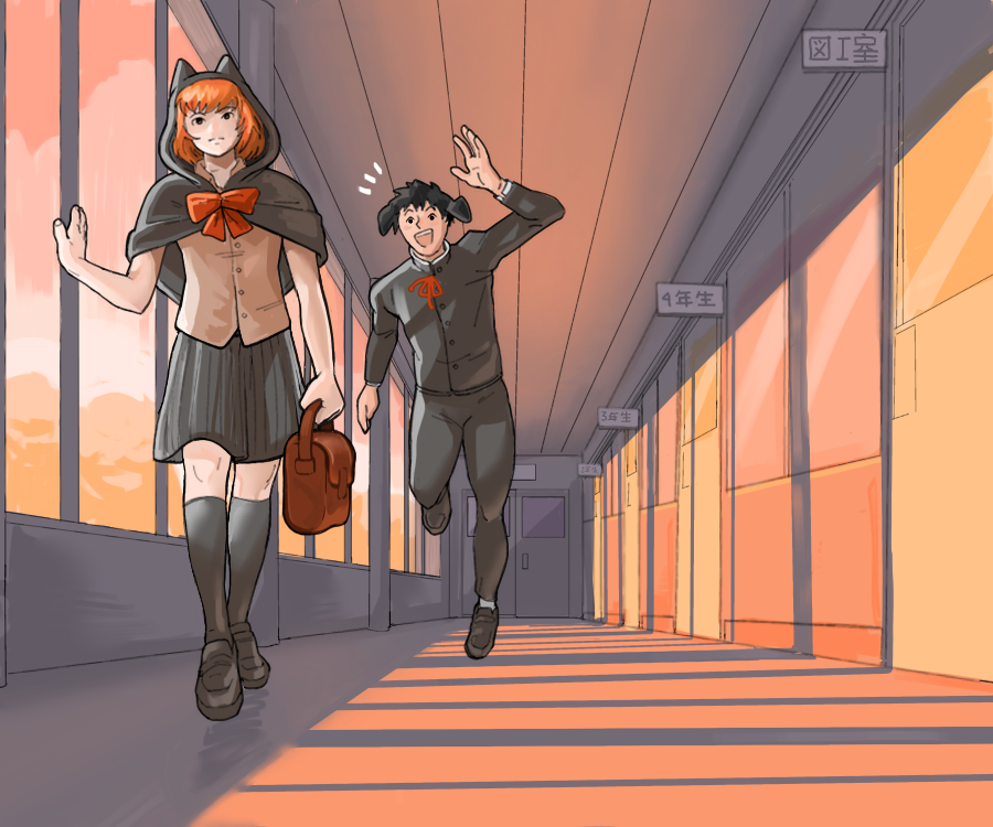 “Stray-san!”
Bone and Stray weren’t especially close despite being classmates, in fact, they hardly made casual conversation. So it was only by luck that they had stayed well past school hours, and it was only by chance that Bone had noticed her.
“I’m surprised you’re here so late, Stray-san.”
“It was my turn to tend to the rabbit pen.”
“The rabbits must be grateful that you’re taking so much time to care for them.”
“I don’t think rabbits can be grateful.”
“Then… I’ll be grateful in their place.”
