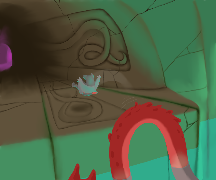 The Stray is carried to an ancient chamber of carved stone where a luminous pool laps up against ancient architecture. The dragon deposits her unceremoniously on a ledge where a tunnel leads into darkness. The dragon then vanishes into the shimmering water to continue its journey of transformation, leaving The Stray to her own explorations.