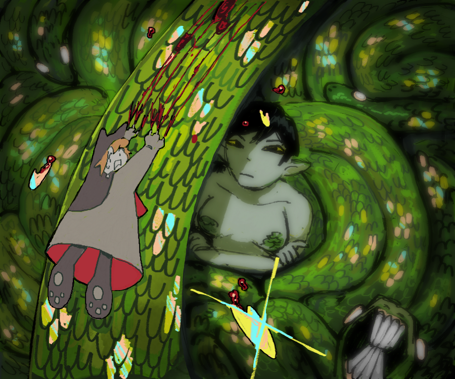 The stray makes a hasty move to the next room, feeling the strange green terrain under her feet but not thinking much of it.
...until the ground started moving and the ground separated revealing all of the snakes that made up the ground, the stray held on with her claws for dear life as she draws blood from the beast.