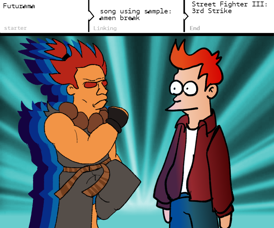 The Futurama Opening
Using some sample from the Amen Brother by The Winstons
In Street Fighter III: 3rd Strike
Akuma theme "Killing Moon" using multiple Chopped Sample from the same sample
and now you will use Street Fighter III: 3rd Strike
as a starter and find the new link that is Unique