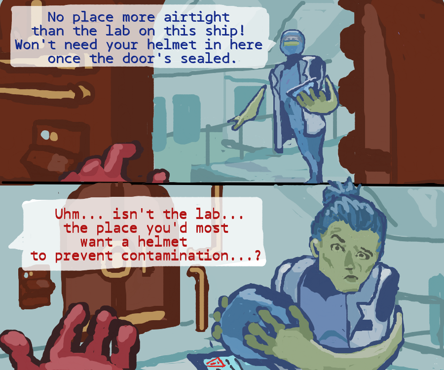 Bayern Blue's little monitor thing still having a panic there over the readings!
why does Blue insist on shutting that lab door in the first place?
is Red being for real here or are they for-really hiding something?
is it the presence or absence of shampoo and conditioner causing bayern to have such glossy hair...